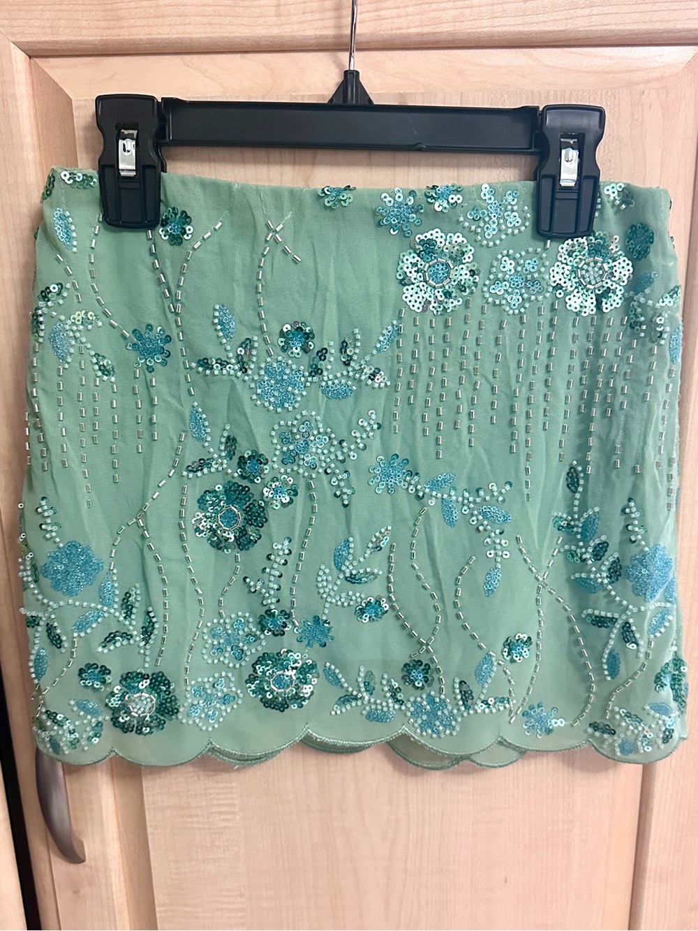 Embellished Bead and Sequined Mint Floral Mini Skirt